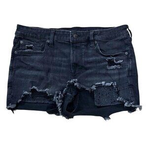 American Eagle High Rise Shortie Black Distressed Lace Denim Shorts Womens 12